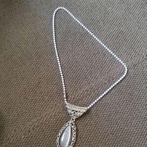 Source Unknown Silver-Tone Filigree Teardrop Necklace with Gray Cabochon